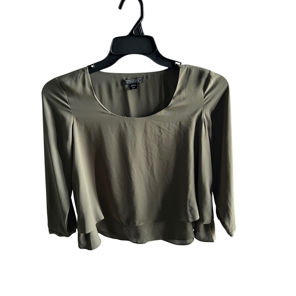 Metaphor Womens Olive Green Layered Scoop Neck 3/4 Sleeve Blouse Top Size Small